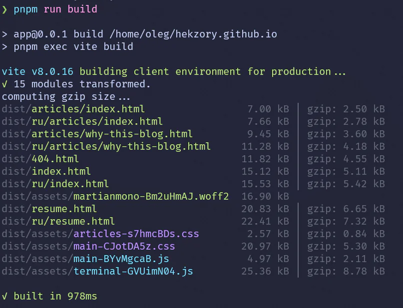 Terminal running pnpm build: Vite lists every file with raw and gzipped size, build finished under a second.